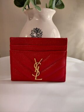 Saint Laurent Red Quilted Leather Card Case with Gold YSL Emblem